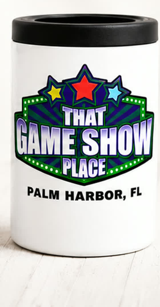 A white can cooler with a black lid printed with the That Game Show Place logo