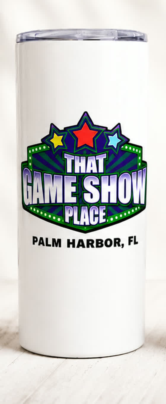 A white 20oz tumbler printed with the That Game Show Place logo and Palm Harbor, FL