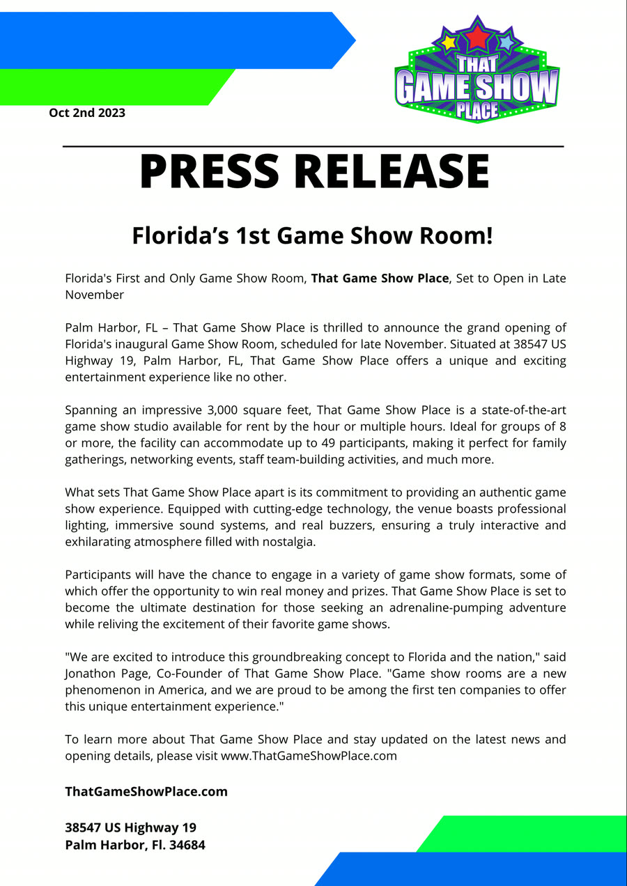 The October 2023 press release announcing the opening of That Game Show Place